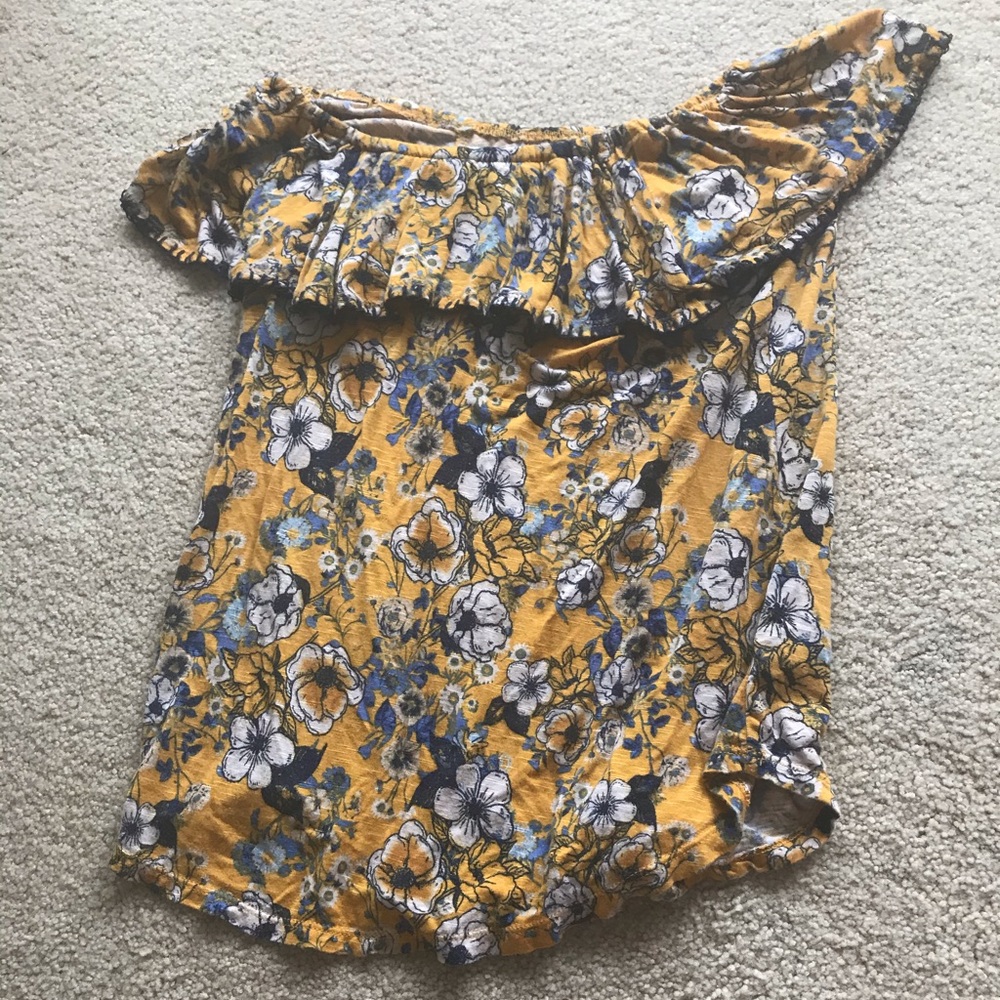 Yellow and Blue Floral off the shoulder tee